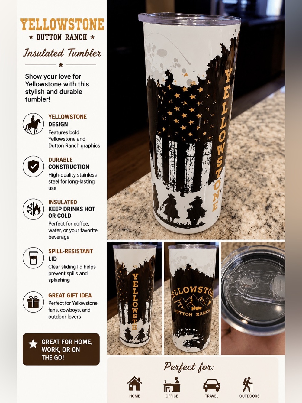 YELLOWSTONE Hand Crafted Black and White Yellowstone Button Ranch Travel Tumbler